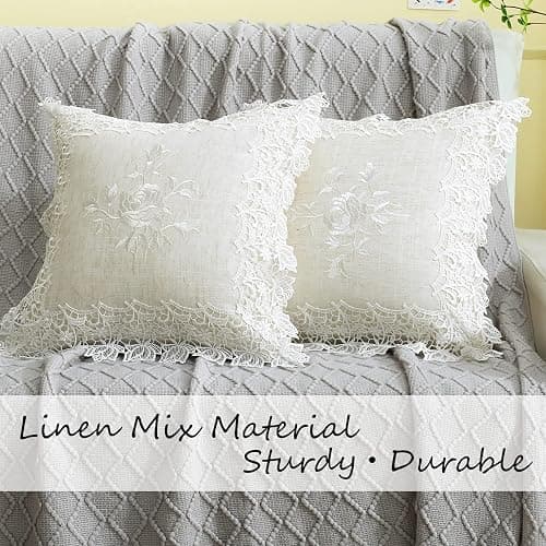 K MASANIJI 2 Pack Embroidered Spring Floral Throw Pillow Cover 18x18 inches, Farmhouse Off White Rose Lace Linen Blended Pillow Shams, Decorative (White Rose, Linen Blended) thumbnail 4