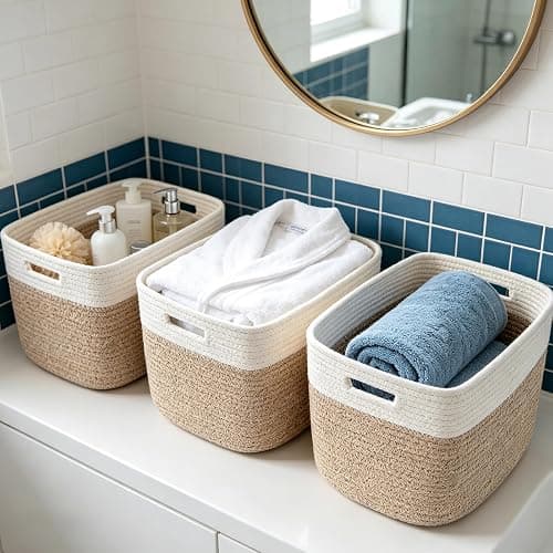 HZFTJOY 3 Pack Woven Baskets,Storage Baskets for Shelves with Handles | 13.5"×11"×9.5" Closet Baskets, Nursery Organizer for Toys Towels Books, Storage Bin for Living Room Bedroom (White&Brown) thumbnail 4