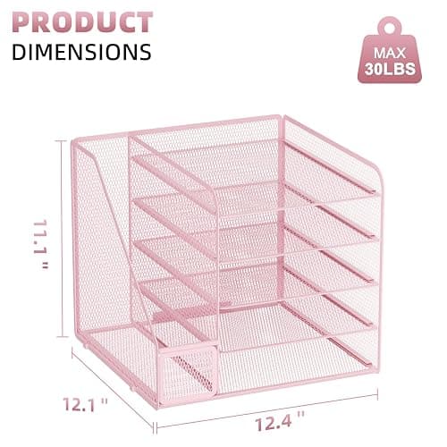 Marbrasse Desk Organizers and Accessories, 5-Tier Paper Letter Tray Organizer with File Holder, Mesh File Organizer, Office Desk Accessories & Organization for Supplies (Pink) thumbnail 3