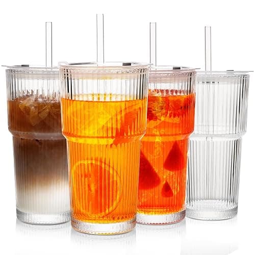 LUXULISH 20Oz Ribbed Glass Tumblers with Lids and Straws, Vintage Glass Cups Thickened Drinking Glasses Set of 4, Ideal for Iced Coffee, Smoothies, Cocktails, Matcha and Juices - Image 1