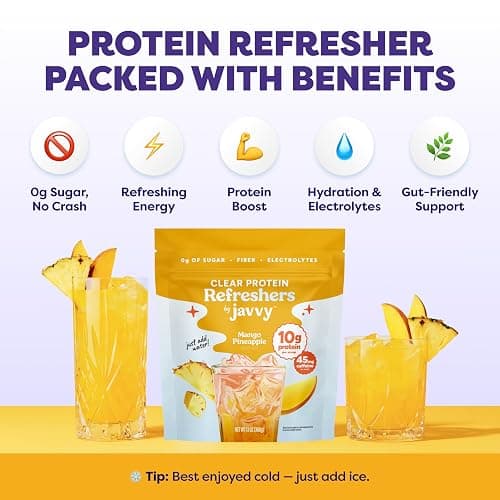 Javvy Clear Protein Powder with Clear Whey Protein, Pineapple Mango, 2 Pack | 10g Whey Protein & Collagen Peptides, Electrolyte Powder, Natural Flavors, 0g Sugar, 3g Fiber, 45mg Caffeine thumbnail 4