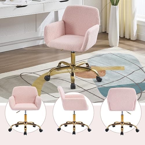 KCC Faux Fur Vanity Makeup Desk Chair, Comfy Fluffy Swivel Modern Leisure Armchair with Wheels, Upholstered Fuzzy Height Adjustable for Teens Women Girls Elegant Home Office, Pink thumbnail 7