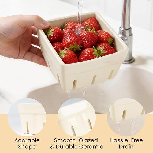 AELS Ceramic Berry Basket, Farmhouse Fruit Bowl Container for Fruit & Vegetables, Farmers Market, Kitchen Decor, Stoneware Harvest Bowls, Set of 4, Navy Blueberry thumbnail 4
