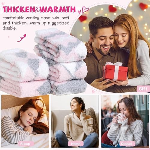 Womens Fuzzy Socks Fluffy Cozy Heart Comfy Winter Thick Warm Pink Plush Fleece Sleep Slipper Socks 5 Pairs thumbnail 3