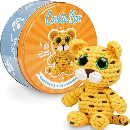 Cookie Box Crochet Kit for Beginners – Gift Set to Make Leopard Leo Amigurumi Plushie – Easy DIY Crochet & Knitting Starter Kit with Video and PDF Tutorials - Image 1