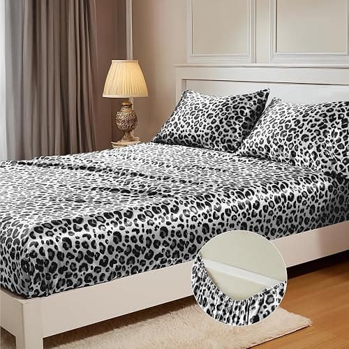 MR&HM Satin Fitted Sheet Full Size, Elastic Corner Straps, White Leopard | 15" Deep Pocket, Secure Fit, No Slipping or Bunching, Silk-Like Feel, Cooling & Breathable, Gentle on Hair & Skin, 1 Pc - Image 1