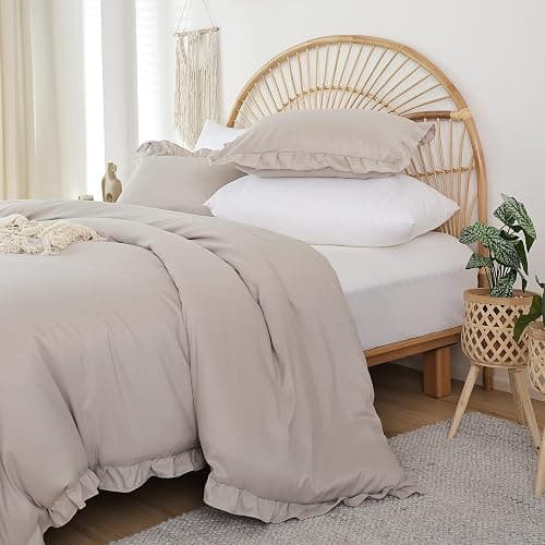JANZAA Oatmeal Comforter Set Twin – Soft Microfiber, Lightweight All Season Bedding, Ruffle Shabby Chic Aesthetic, Breathable Cozy Bed Set with 1 Pillow Shams, Machine Washable thumbnail 6