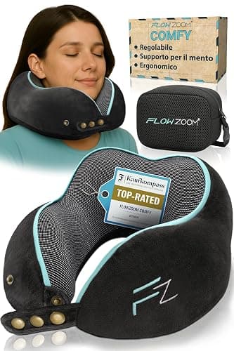 FLOWZOOM Comfy Cuscino da Viaggio per Aereo e Auto – Cuscino per il Collo Regolabile in Schiuma Memory con Supporto a 360°, Fodera Vellutata Lavabile e Sacchetto in Rete per il Trasporto – Nero - Image 1