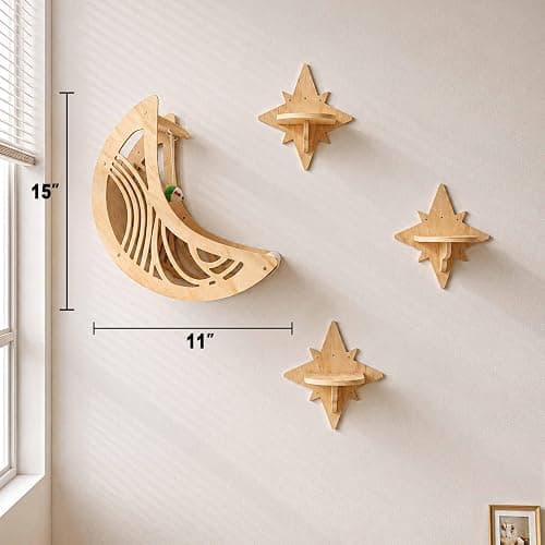 Moon & Star Cat Wall Shelves, Modern Wooden Cat Furniture with Decorative Cutouts, Space-Saving Cat Climbing System & Floating Perch for Indoor Cats thumbnail 7