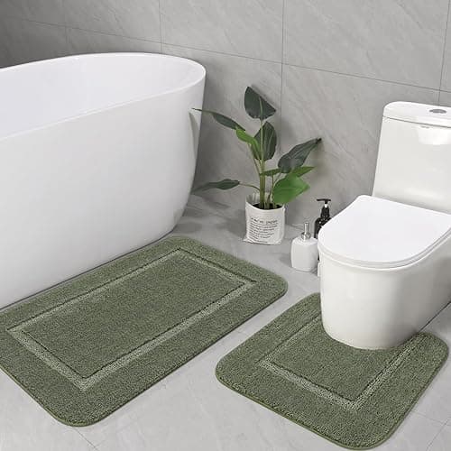 LOCHAS Bathroom Rug Set Sage Green, Soft Bath Rug Set 2 Piece Set, Toilet Mat U-Shaped 20x20 and 34x20 Bath Rugs, Quickly Dry Mats for Bathroom, Tub, Washable, Super Absorbent Floor Mat - Sage Green - 34" x 20" Plus 20" x 20" (U-Shape)