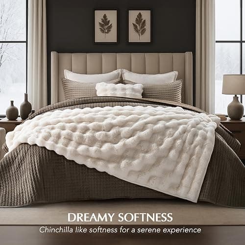 EverGrace Ultra Soft Luxury Fluffy Faux Rabbit Fur Throw Blanket, Thick Warm Bubble Throw for Bed, Cozy Plush Reversible Blankets for Couch, Chair, Sofa, Ivory White, 60x80 Inches thumbnail 6