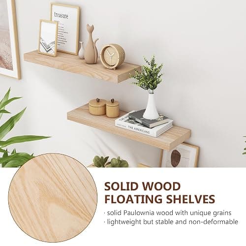 fuqing Natural Wood Floating Shelves for Wall - 24 Inch Wood Shelves Set of 2 - Natural Wooden Wall Shelves for Living Room Bedroom Home Office thumbnail 5