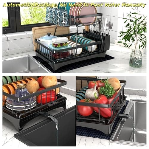 Godboat Dish Drying Rack, 2-Tier Dish Racks for Kitchen Counter, Dish Rack with Drainboard & Mat, Dish Drainer with Knife, Fork & Cup Rack, Gifts for Women, Mothers Day, Cool Stuff & Kitchen Gadgets - X-Large thumbnail 5