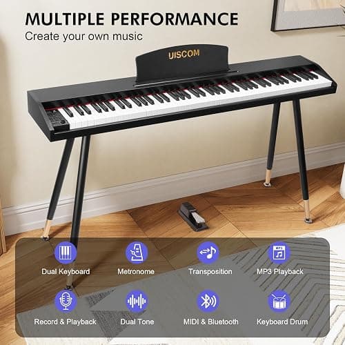 UISCOM Digital Piano Keyboard for Beginners,Full Size 88 Key Semi-Weighted Keyboard Electric Piano with Stand,Power Adapter,Sheet Music Stand,Pedal,Headphone,USB-MIDI Compatibility,Wood Black thumbnail 3