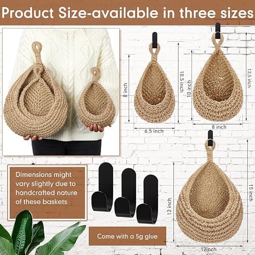 Honeydak Boho Decor Hanging Wall Baskets for Kitchen 3 Pack Teardrop Baskets with Hooks Storage Fruit Onion Vegetable Potato for Home 3 Sizes(Light Linen,Cotton Rope) thumbnail 3