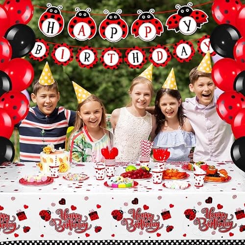 Sumind 200 Pcs Ladybug Birthday Party Decorations Set Ladybug Themed Party Supplies Balloon Tableware Happy Birthday Banner Dot Tablecloth Cup Straw Napkin Baby Shower Decor(54 x 108 Inch,Multicolor) thumbnail 2