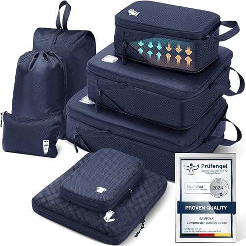 Compression Packing Cubes 8 Set Travel Organizer, Waterproof Travel Packing Cubes for Carry on Luggage Compression Cubes Travel Essentials Blue - Image 1