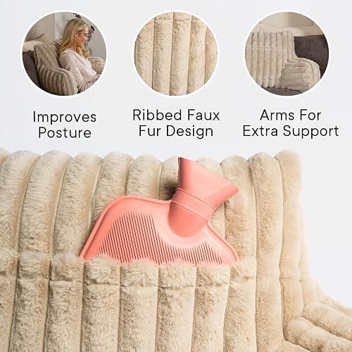 OHS Cuddle Cushion, Gifts for Women Men Ribbed Faux Fur Reading Pillow Sofy Cosy Gaming Cushion with Heatable Pocket Support Pillow with Arms Bed Cushions for Relaxing Comfy, Natural thumbnail 4