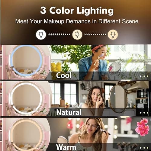 AIEGLE Lighted Makeup Vanity Set - 3 Color LED Mirror, Drawers & Cushioned Stool, Pink Round Mirror - Pink - Round Mirror thumbnail 3