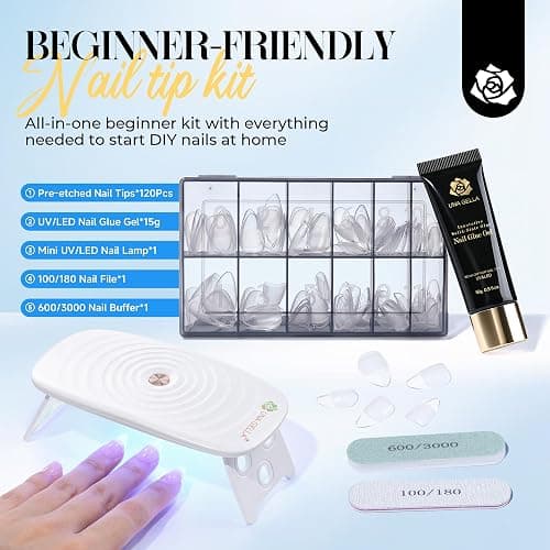 UNA GELLA Short Almond Gel Nail Tips Kit 120Pcs Pre-Etched Clear Fake Nails with 15g Solid Gel Glue Mini U V Lamp Nail Files Full Cover Press on Acrylic Nail Extensions DIY Home Kit for Women 12 Sizes thumbnail 3