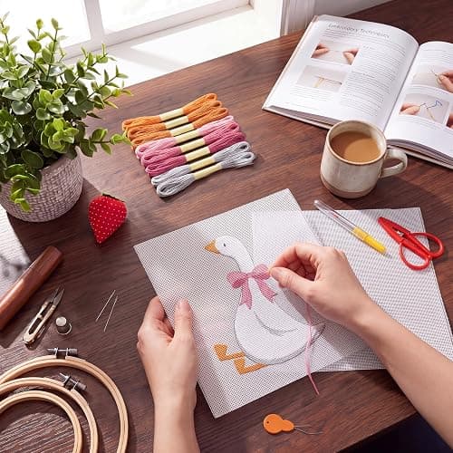 XunYee 23 Pcs Silly Goose 18 Mesh Needlepoint Canvas Kit for Beginners | Adults Starters Hand Painted Canvas Craft Set 2 Pcs Silly Goose Pattern Cloth 7.8 inch Needle Thread Pincushion Scissor thumbnail 5