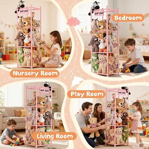 LAMU Stuffed Animal Storage, Wooden Zoo Stuffed Animal Holder with Elastic Cords, Space Save Toy Organizer, Extra Large Capacit Stuffed Animal Organizer for Playroom, Bedroom, Nursery, Pink thumbnail 6