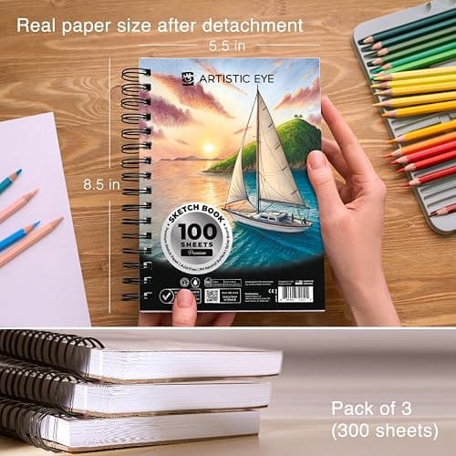 ARTISTIC EYE 5.5X8.5” Premium Sketch Book Set, Pack of 3 (300 Sheets), 68lb (100gsm), Spiral Bound, Acid-Free Drawing Paper, Perfect for Most Dry Media, Ideal for Beginners & Professionals (Set of 3) thumbnail 2