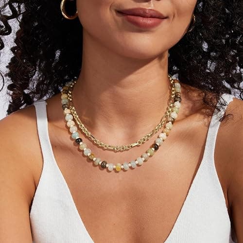 KissYan Beaded Gemstone Necklace for Women, Colorful Boho Bead Choker Natural Stone Surfer Beach Necklaces 14K Gold Plated Summer Handmade Jewelry thumbnail 2