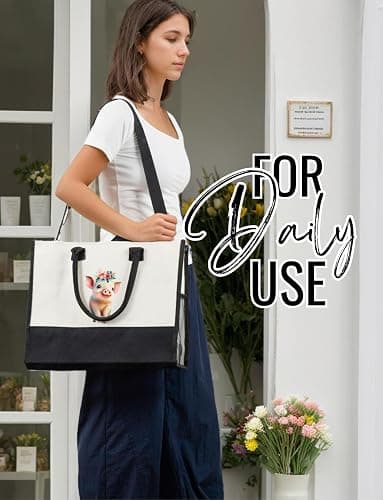 InnoBeta Pig Gifts for Women Canvas Tote Bag, Pig Gifts Tote with Top Zipper Closure and Shoulder Strap for Birthday, Mother's Day, Christmas thumbnail 3