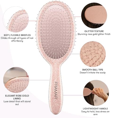 FRAMAR Glitter Hair Brush Detangler, Detangling Hairbrush For Women, Wet Hair Brush For Girls, Hair Detangler Brush, Wet Hairbrush, Hairbrushes, Girls Hairbrush Detangler, Reduces Frizz – Rosé thumbnail 2