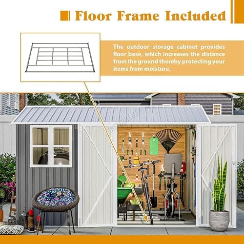 BIRCHTREE Garden Shed Steel Apex Roof House Outdoor Backyard Storage With Lockable Double Doors Window Free Foundation Tool Equipment Organizer Air Vents 10x8FT Grey thumbnail 3