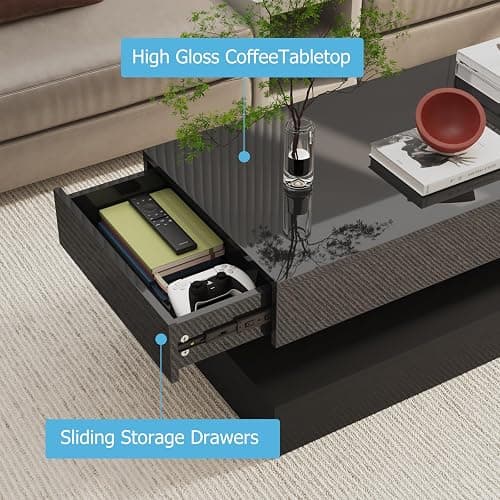 Uspeedy 47.3in Large High Glossy LED Coffee Table with 2 Storage Drawers,Black/White Modern Coffee Tables for Living Room,Living Room Tables,APP LED Lights (Black) thumbnail 6