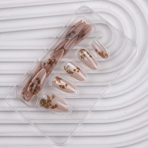 30 Pcs Fall Press on Nails Almond Fake Nails with Maple Leaf Design Nude Cat Eye False Nails Medium Glossy Acrylic Nails Autumn Thanksgiving Stick on Nail for Women thumbnail 5