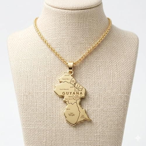 Guyana Map Necklace for Women and Men, Guyana Flag and Map Lover Gift | Gold Plated Guyanese Pendant, South America Jewelry, Detailed Topography, Heritage Gift thumbnail 3