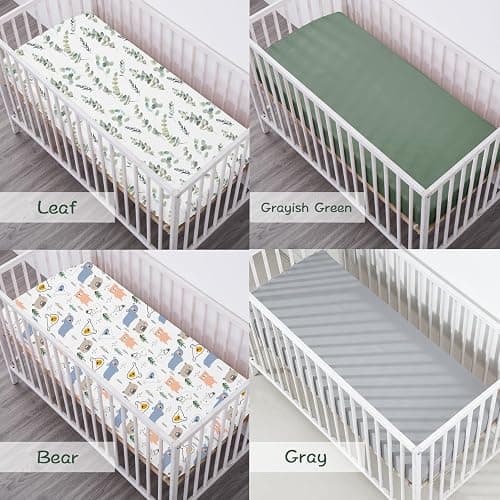 Bimocosy Crib Sheets Fitted for Boys Girls 4 Pack, Baby Crib Mattress Sheets, Super Warm Bed Sheets, Size 28"x 52" for Standard Crib and Toddler Mattresses, Super Soft and Breathable Microfiber Leaf - Leaf/Bear/Gray/Green thumbnail 4
