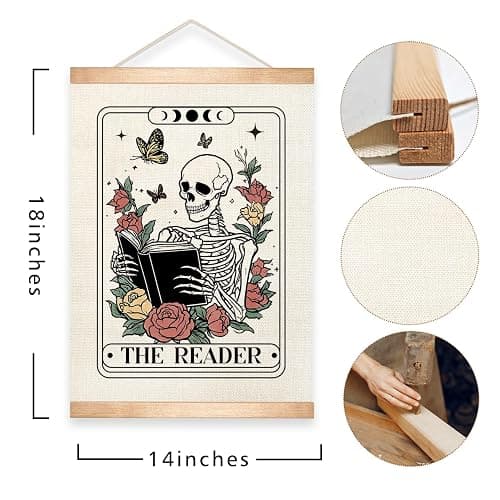HEYJEEPER The Reader Tarot Card Wall Art, 14x18inch Gothic Skeleton Reading Books, Canvas Wall Hanging Poster,Library, Reading Corner Decor,Vintage Witchy Room Decor (Reader) thumbnail 6