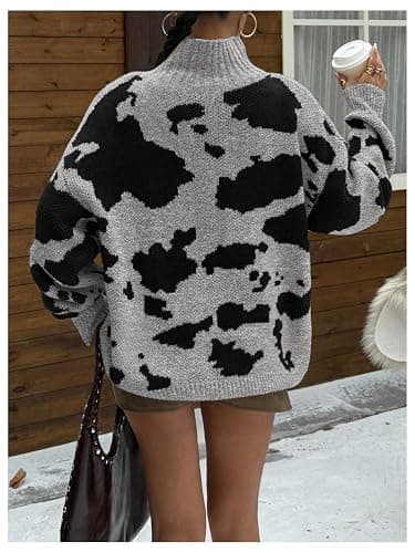 SweatyRocks Women's Y2K Oversized Sweaters Turtleneck Long Sleeve Cow Graphic Knit Pullover Sweaters thumbnail 2