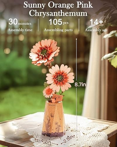 Wowood 3D Flower Wooden Puzzles for Adults-Gerbera Daisy, DIY Wooden Flowers Model Kit Building Set Crafts for Adults to Build, Botanical Collection/Ideal Creative Gift Ideas/Housewarming (105PCS) thumbnail 3