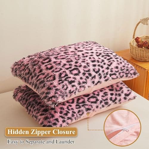XeGe Cheetah Print Faux Fur Fluffy Pillowcases, Plush Shaggy Soft Long Pillow Covers, Fuzzy Leopard Print Pillow Cases, Furry Pillow Shams with Zipper for Bed Couch, 2 Pack(Standard, Black and Pink) thumbnail 3