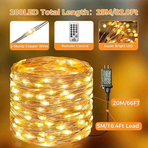 btfarm Remote Fairy Lights Plug in, 66FT 200 LED Twinkle Lights Indoor, Timer String Light for Bedroom, 8 Modes Copper Wire Waterproof Christmas Lights for Tree Wedding Outdoor Decoration, Warm White thumbnail 4