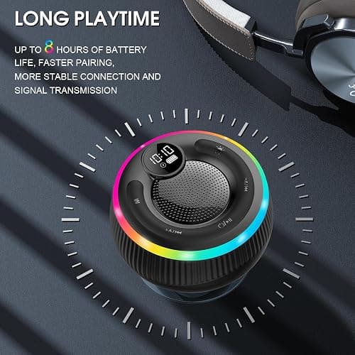 Bluetooth Speaker, Shower Speaker Stereo Sound, IPX7 Waterproof Speakers, Digital Display Portable Speaker with Suction Cup, LED Light, Small Wireless Speakers for Outdoor Party Beach Bathroom, Black thumbnail 5