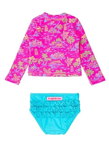 RuffleButts® Baby/Toddler Girls Long Sleeve Rash Guard 2 Piece Swimsuit Set w/UPF 50+ Sun Protection with Zipper thumbnail 4