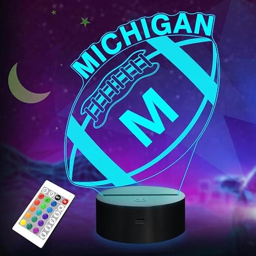 3D Football Michigan Night Light, Football Gifts, 3D Illusion Lamp for Boys Gift 16 Changing Color Remote Control Kids Room Lighting Ball Decor (Michigan Multicoloured) - Image 1