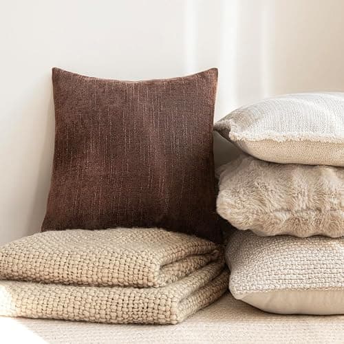 Foindtower Pack of 2 Soft Textured Chenille Throw Decorative Pillow Covers Square Accent Solid Cushion Cover Cozy Neutral Farmhouse Pillow Case for Couch Sofa Bedroom Living Room 18x18 Inch,Red Brown thumbnail 6
