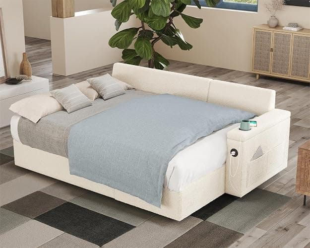 PaPaJet 84 Inch Sofa Bed, Sleeper Sofa with Storage, 2 in 1 Pull Out Couch | Storage Chaise, 2 USB & Cup Holders, Tufted Cushion, Boucle White L Shaped Sofa for Living Room & Guest Bedroom thumbnail 7