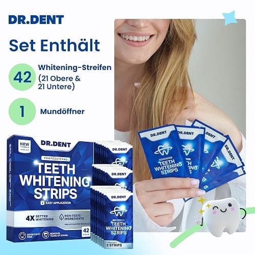 DRDENT Professional Zahnaufhellungsstreifen 21 Anwendungen - Zahnschmelz-sicher - Ohne Schmerzempfindlichkeit - Professionelle Zahnbleaching Strips - 42 Streifen + Mundöffner Inklusive thumbnail 7