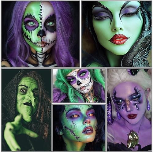 White Green Purple Face Body Paint, Face Painting Kit with Brushes for Beetlejuice & Frankenstein Halloween Makeup, Facepaints for Witch Ursula Maleficent Costume Cosplay & Monster Skeleton SFX Makeup thumbnail 6