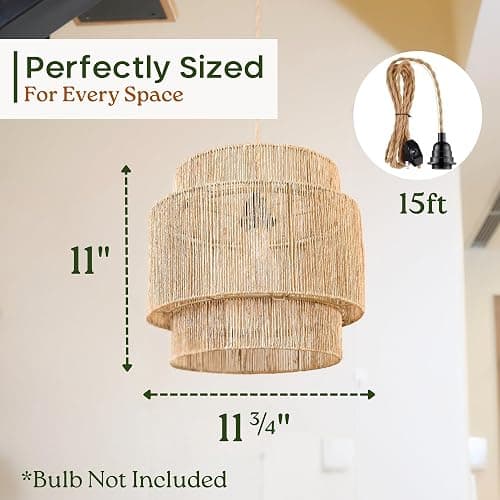 Chi An Home 11.8" Boho Jute Plug in Pendant Light, Handwoven Natural Hanging Lamp Plug in with Dimmable Light Switch, Wicker Hanging Light Fixture for Bedroom Living Room Kitchen (No Bulb Included) thumbnail 3