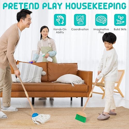 HELLOWOOD Kids Cleaning Set, 8 Pcs Wooden Housekeeping Play Set Includes Broom Mop Duster Dustpan Brushes Rag and Organizing Stand, Cleaning Toys Gift for Toddlers Girls Boys Age 3-6, Solid Beech Wood thumbnail 5