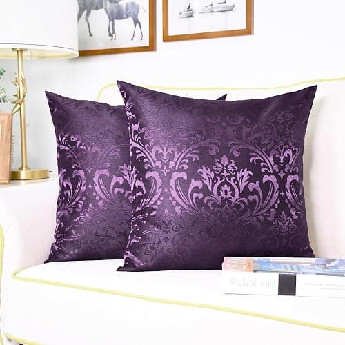 CaliTime Decorative Couch Throw Pillow Covers 16 X 16 Inches Deep Purple | Pack of 2, Vintage Damask Floral, Shining & Dull Contrast Cushion Cases for Sofa Bed Living Room Home thumbnail 5